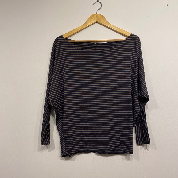 **$5 SALE** Navy and Brown Striped Long Sleeve Stretchy Blouse - Picture 1 of 3